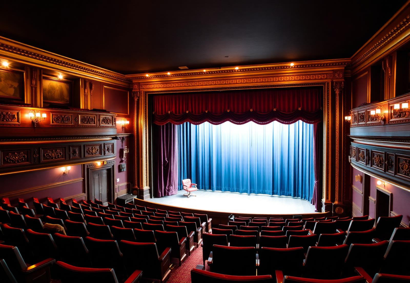Interior of a small historic theatre with warm stage lighting before a performance