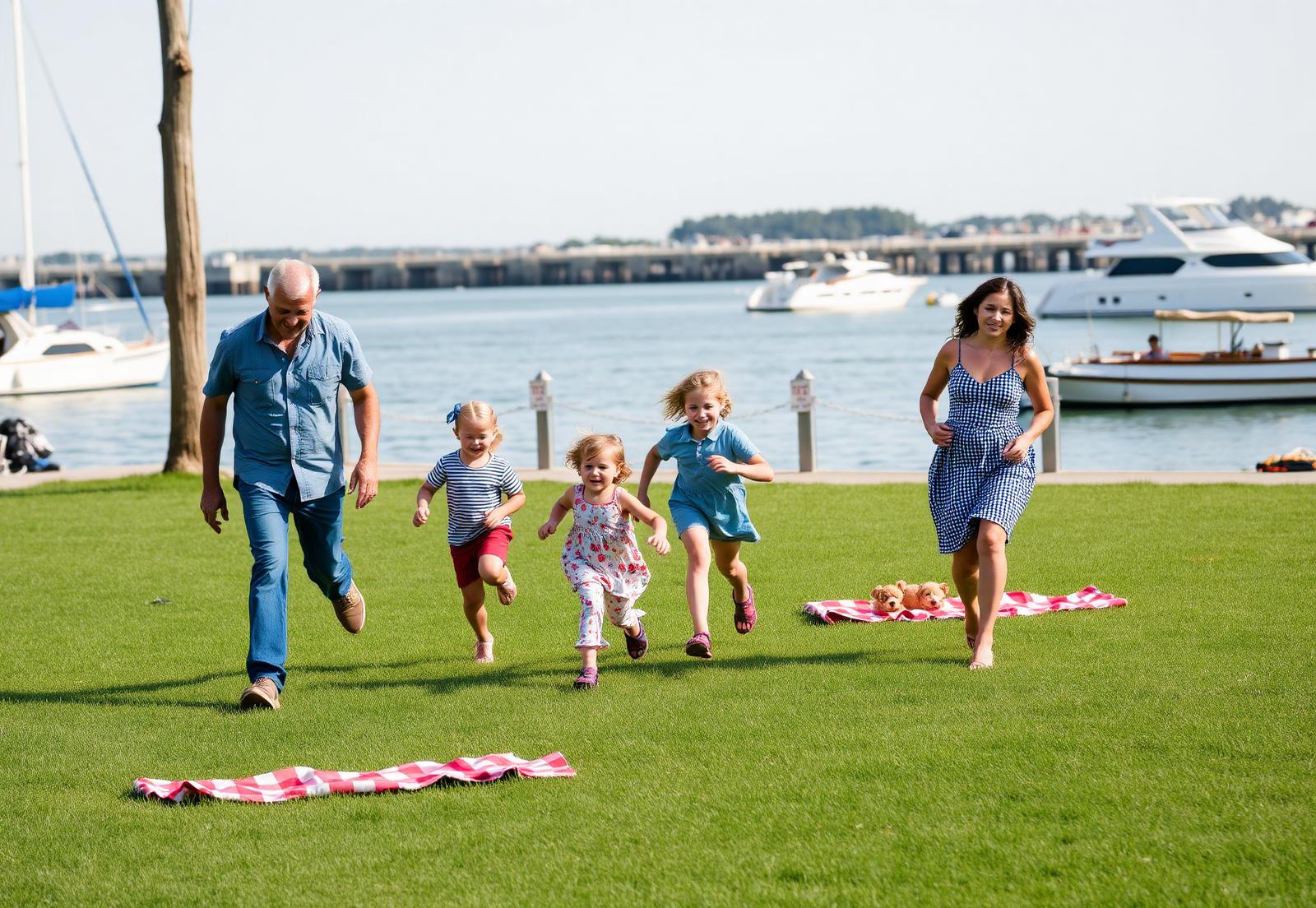 Family with young children on a harbourside park lawn with boats behind