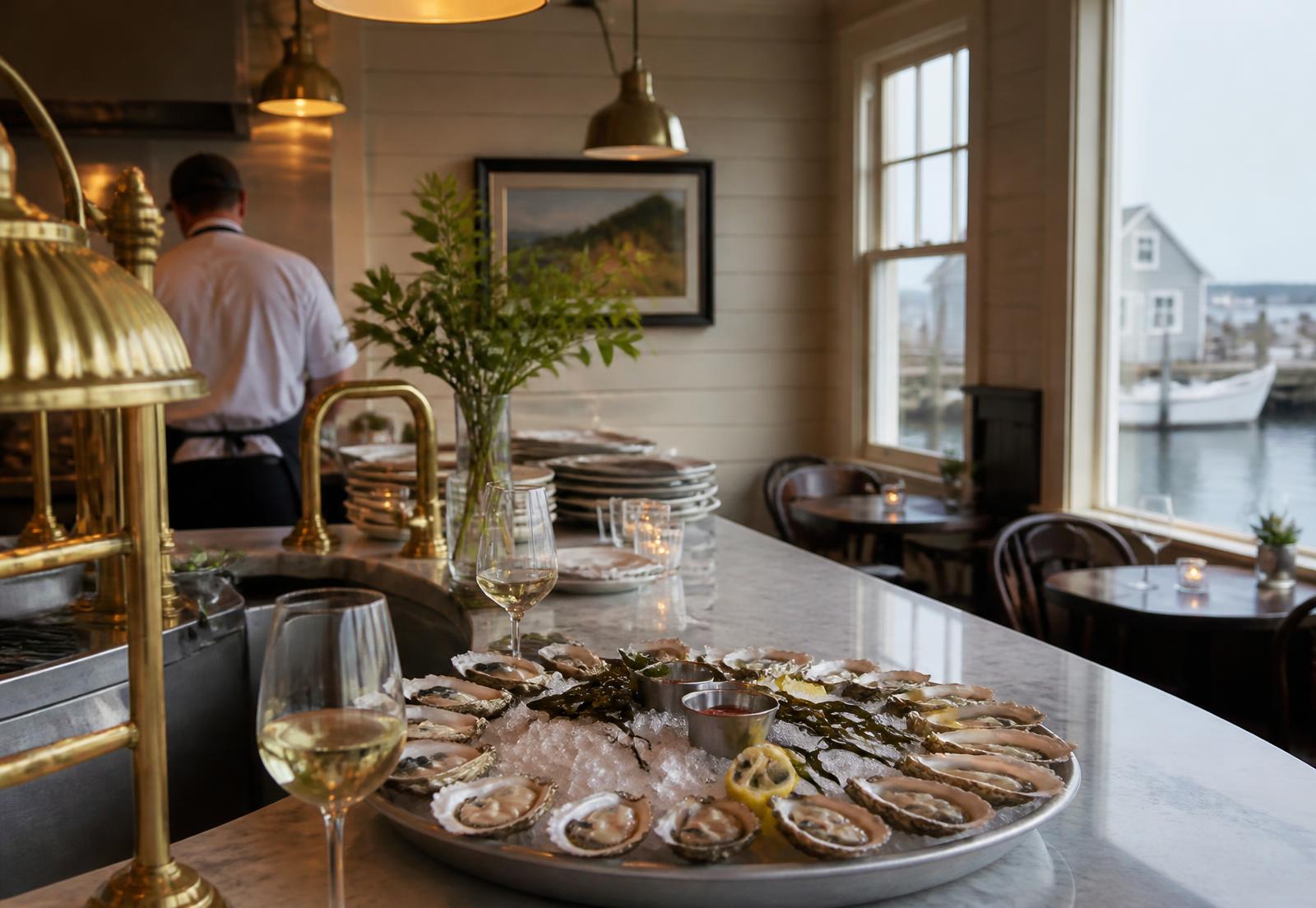 Platter of oysters on a marble counter beside a harbour window