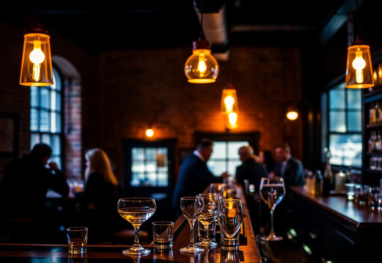 Warm, dimly lit cocktail bar in a historic brick building with glassware on the counter