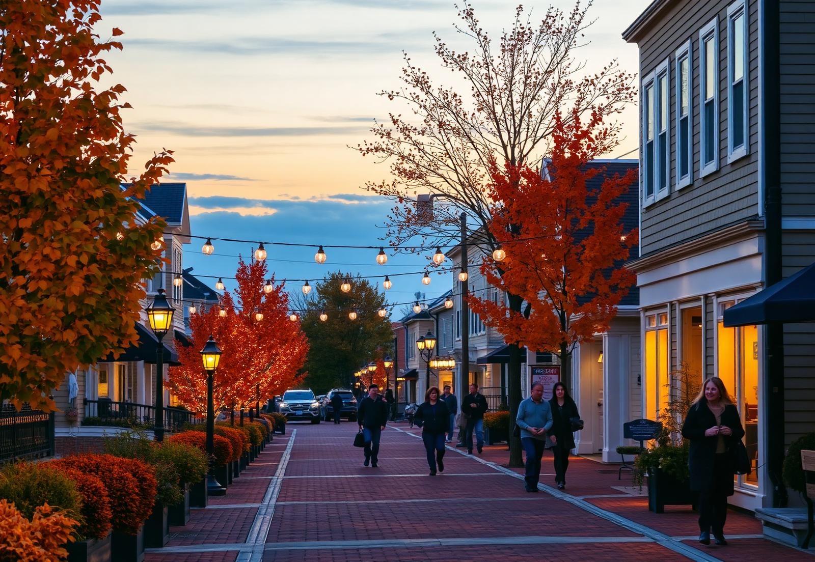 New England seaport street in autumn with warm foliage and string lights at dusk