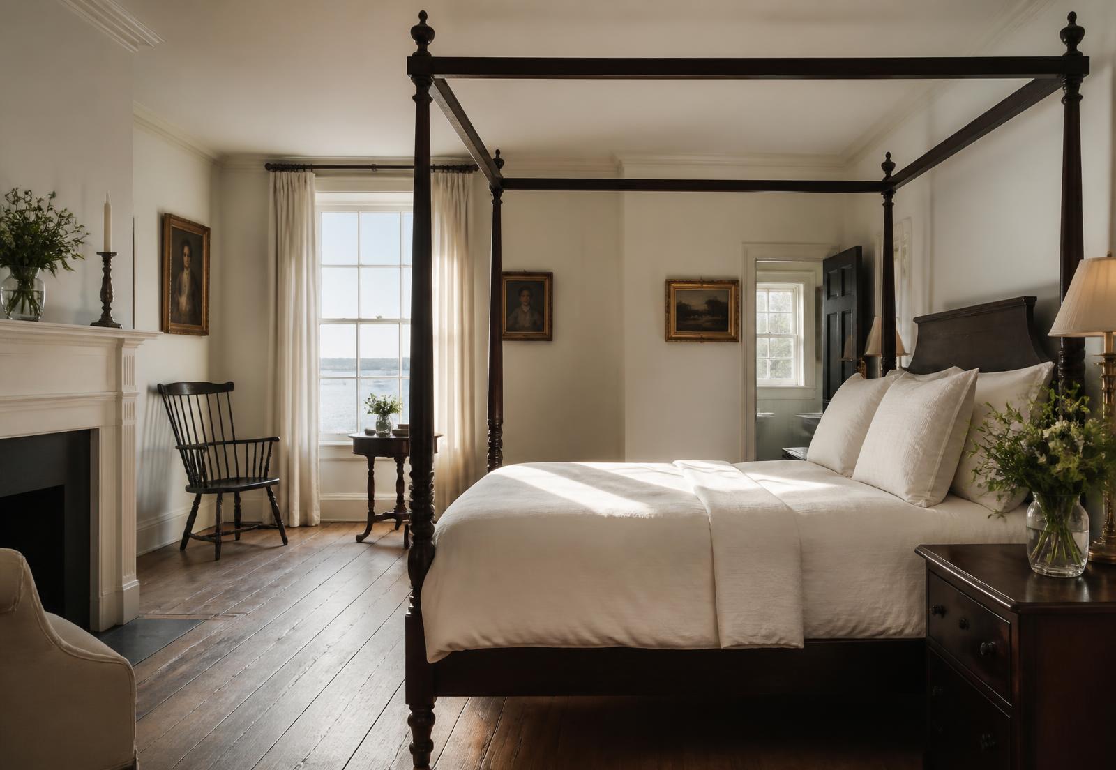 Quiet guest room with morning light in a historic New England building